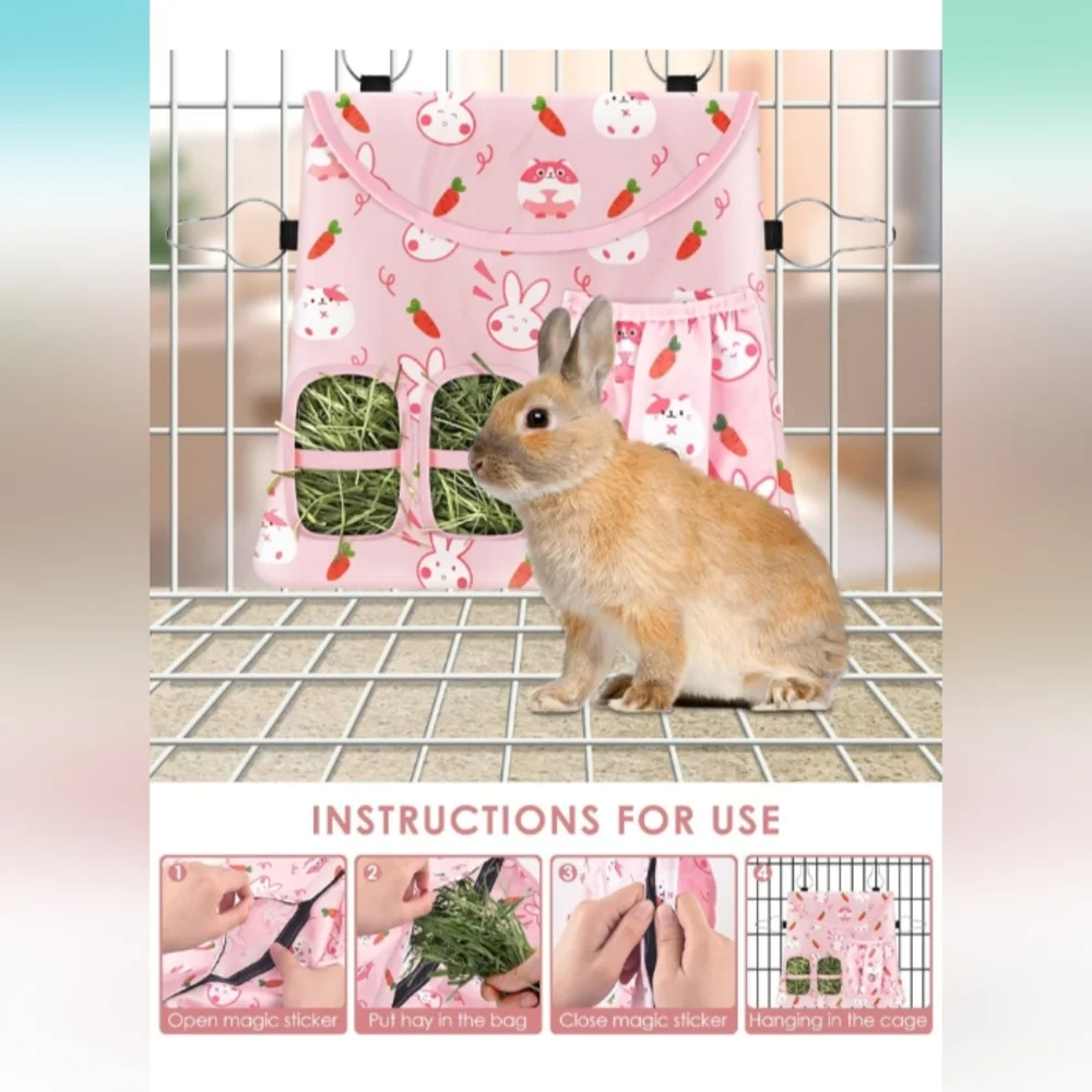 Bissap 2 Holes Hanging Hay Rabbit/Small Pet Feeder Hey Bag Carrot Print NWT